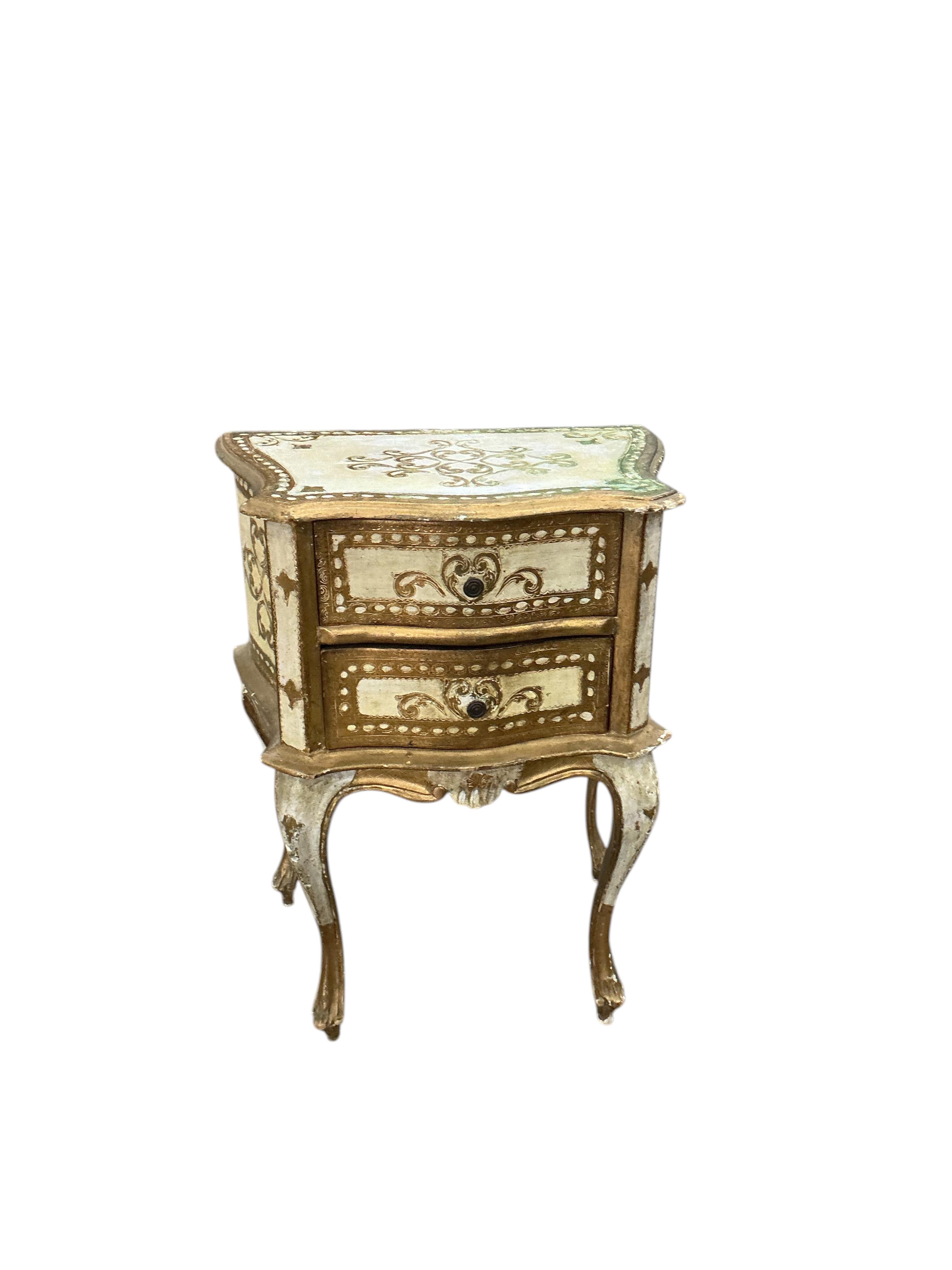 A pair of mid 20th century Italian painted two drawer bedside chests, width 45cm, depth 29cm, height 59cm